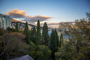 Yalta, Crimea, November 26, 2020, cable car with city, sea and embankment views