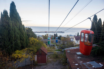 Yalta, Crimea, November 26, 2020, cable car with city, sea and embankment views