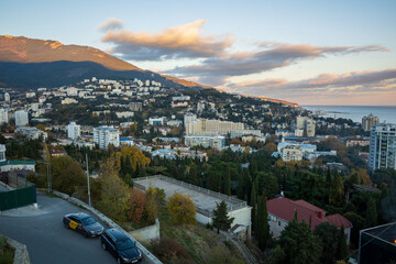Yalta, Crimea, November 26, 2020, cable car with city, sea and embankment views