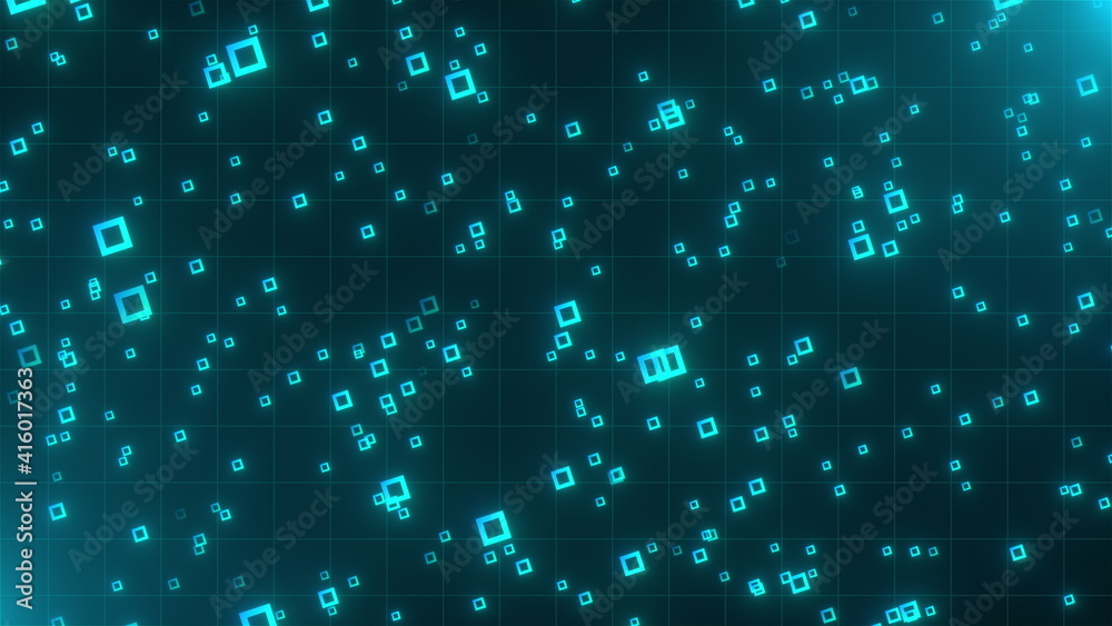Poster digital background with thin lattice and geometric stroke particles. 3d render computer generated