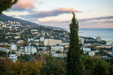 Yalta, Crimea, November 26, 2020, cable car with city, sea and embankment views
