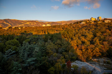 Yalta, Crimea, November 24, 2020, view of the city, sea, mountains and gulls from the balcony of the Yalta-Intourist Hotel