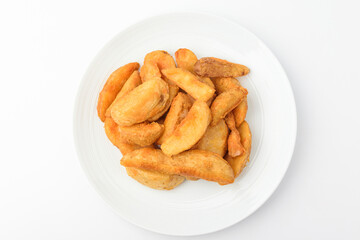 Potato wedges on a white background
