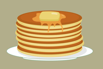 Stack of tasty american pancakes on a plate with butter and honey (syrup). Shrovetide. Maslenitsa. Flat vector illustration