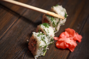 Sushi red ginger fish delicacy japanese cuisine tradition