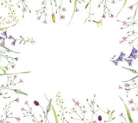 The watercolor frame of wild pink flowers, herbs and bells on white background 