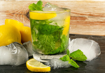 Cold iced mojito, lemon water drink, mint lemonade