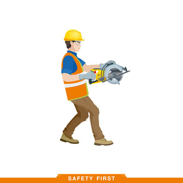 Works as a saw. Worker, builder works with a construction tool. Vector illustration of a man constructor with instruments in his hands