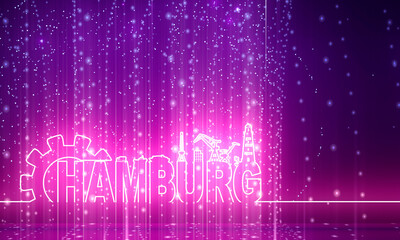 Obraz premium Gear with sea shipping and travel relative silhouettes.. Calligraphy inscription. Hamburg city name text. Thin line style. 3D rendering. Neon shine