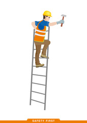 Works on the stairs. Worker, builder works with a construction tool. Vector illustration of a man constructor with instruments in his hands