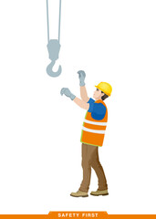 Worker, builder works with a construction tool. Vector illustration of a man constructor with instruments in his hands