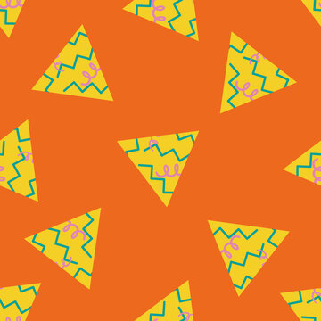 Memphis style triangle abstract vector seamless pattern background. Orange yellow backdrop with textured triangles.Hand drawn iconic art shapes. Funky scribble all over print for summer beach