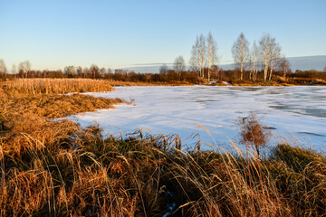 the first ice on the sun at sunset