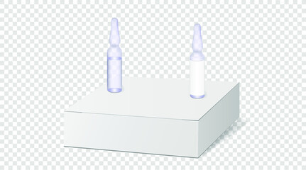 Two realistic ampoules with a medicine (one with a label), a vaccine on a cardboard package, boxes on a transparent background. Realistic shadows. Layout for your design. Vector illustration.