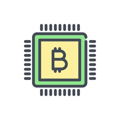 Bitcoin chip color line icon. Cryptocurrency mining vector outline colorful sign.