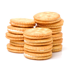 vanilla sandwich cookies on white background