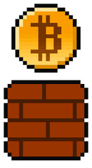 Pixel bitcoin coming from a gaming block - isolated (vector)