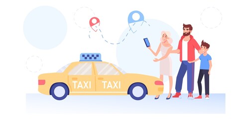 Vector cartoon flat family characters order taxi,happy smiling people,parents and kid ordering online taxi with mobile app-car service,web site design,social media concept