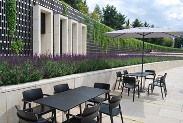 Tables and chairs in the cafe of Krasnodar Park