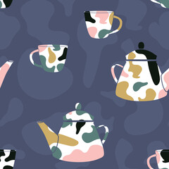 Vector Tea Set with Organic Shapes on Blue seamless pattern background. Perfect for fabric, wallpaper and scrapbooking projects.