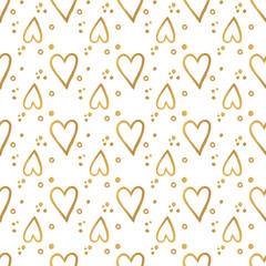 Abstract seamless pattern with hearts and polka dot gold. hand drawn style. 
Trendy background on white. Perfect for paper, textile, wrapping and decoration.