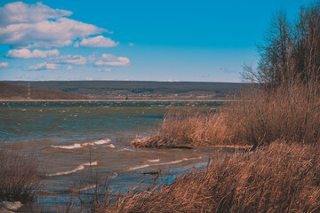 Huge waves caused by the wind on a large lake near the forest. reed beach at a dam for hydroelectric power in spring