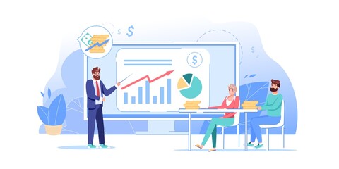 Vector cartoon flat students teacher characters in online education class business course.Coach teaching finance,investments,budget money management on computer app screen-web site banner ad concept