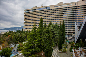 Yalta, Crimea, November 27, 2020, view of the pools of the Yalta-Intourist Hotel