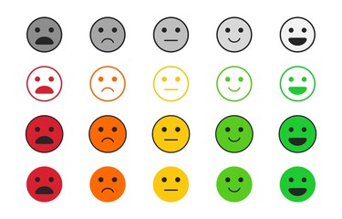 Set of of emoticons. Emotion rating satisfaction. User experience feedback. Different mood smiley emoticons excellent, good, normal, bad, awful. Concept from positive to negative. Vector illustration