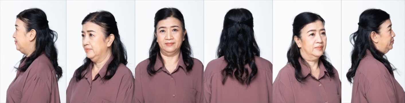 Senior Asian Woman half body portrait turn rear side back view turn 360