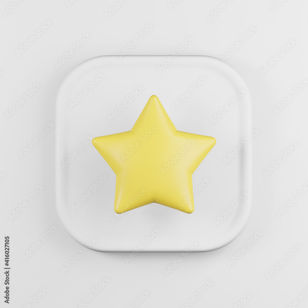 Poster yellow star icon cartoon style. 3d rendering white square button key, interface ui ux element.