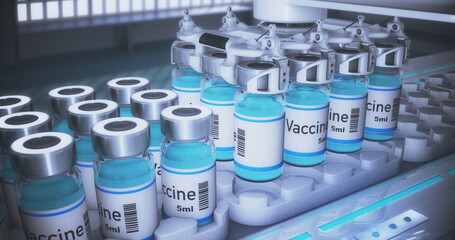 Pharmaceutical manufacturing line. Cardboard automatic factory packaging machine for packaging ampoules and bottles with vaccine and medicines. 3D render. A filter with grain was applied