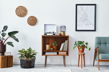 Retro composition of living room interior with mock up poster map, wooden shelf, book, armchair,...