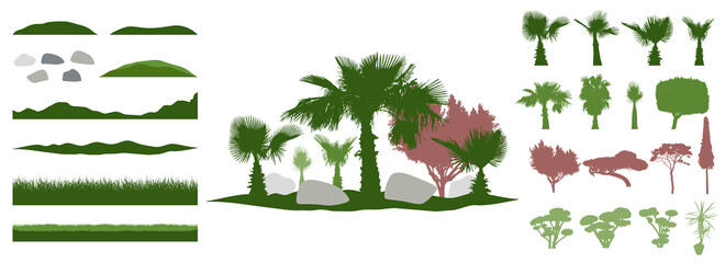 Constructor kit. Silhouettes of beautiful decorative trees, bonsai and palm tree and topiary and pine, stone. Creation of summer beautiful landscaped garden, collection of element. Vector illustration