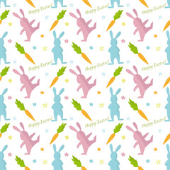 Cute happy easter vector pattern with rabbits, eggs and carrot