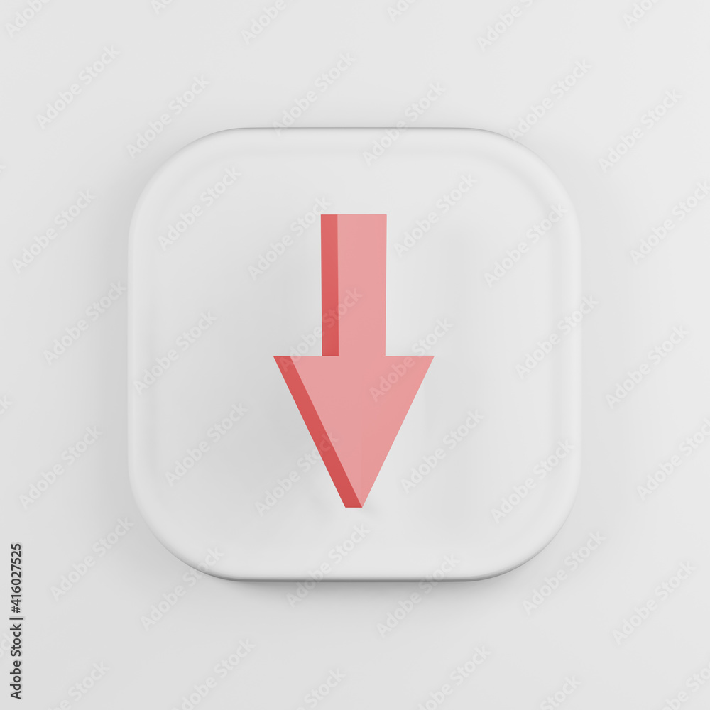 Poster down arrow icon cartoon style. 3d rendering white square key button, interface ui ux element.