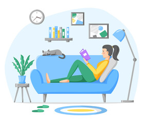 Woman reading paper book on sofa at home. Living room interior with couch, home plant and pet. Rest and leisure time at home. Flat style vector illustration.