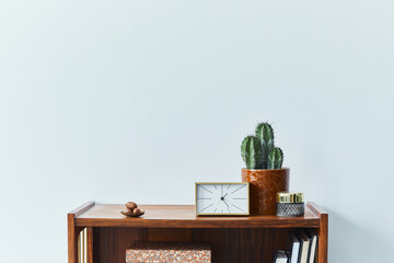 Stylish scandinavian living room interior with retro commode, clock, cacti, decoration, book and...