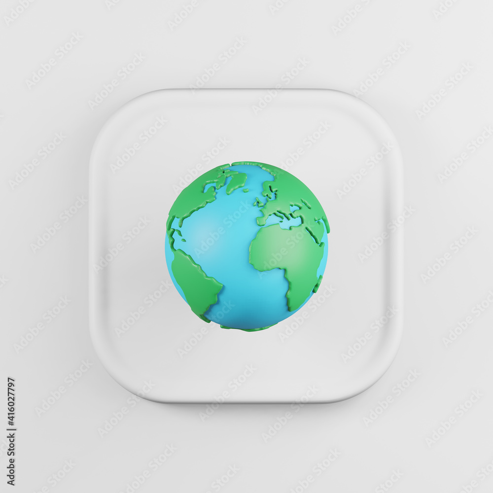 Poster globe icon cartoon style. 3d rendering white square key button, interface ui ux element.