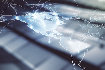 Double exposure of abstract digital world map hologram with connections on shiny metal background, big data and blockchain concept