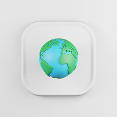 Globe icon cartoon style. 3d rendering white square key button, interface ui ux element.