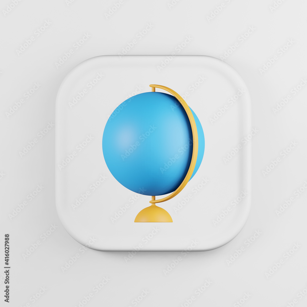 Poster minimalistic globe icon on stand cartoon style. 3d rendering white square key button, interface ui u