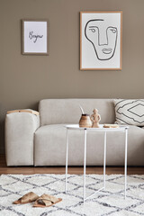Modern composition in stylish living room interior with design neutral sofa, coffee table, mock up...
