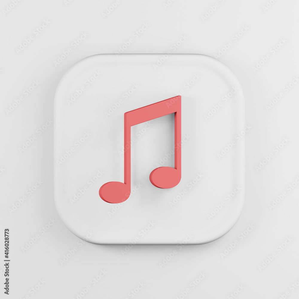 Poster red musical note icon cartoon style. 3d rendering white square button key, interface ui ux element.
