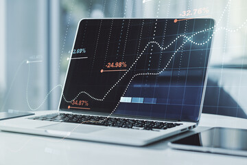 Double exposure of abstract creative statistics data hologram on laptop background, statistics and analytics concept