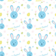 Cute happy easter vector pattern with rabbits, eggs and flowers