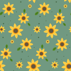 Seamless pattern with sunflowers and leafs. Flowers on green background.