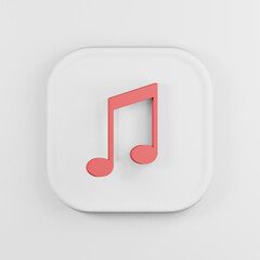 Red musical note icon cartoon style. 3d rendering white square button key, interface ui ux element.