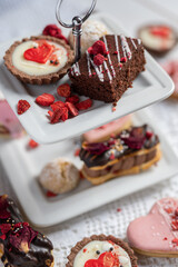 beautiful tasty romantic selection of pink chocolate love heart shape cakes for wedding, mothers day,  valentines day, spring flower biscuits tartlet and rose petals 