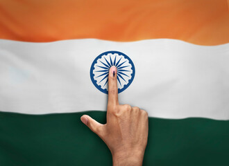 male Indian Voter Hand with voting sign or ink pointing vote for India on india flag background commission of India